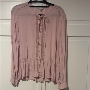 Lucky Brand Blush Pink Ruffle Pheasant Blouse with button and tie features